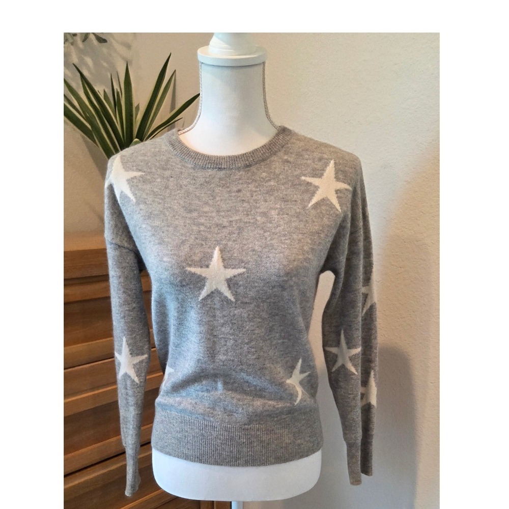 Magaschoni Sweater 100% Cashmere Star Print Crew Neck Grey Celestial Small